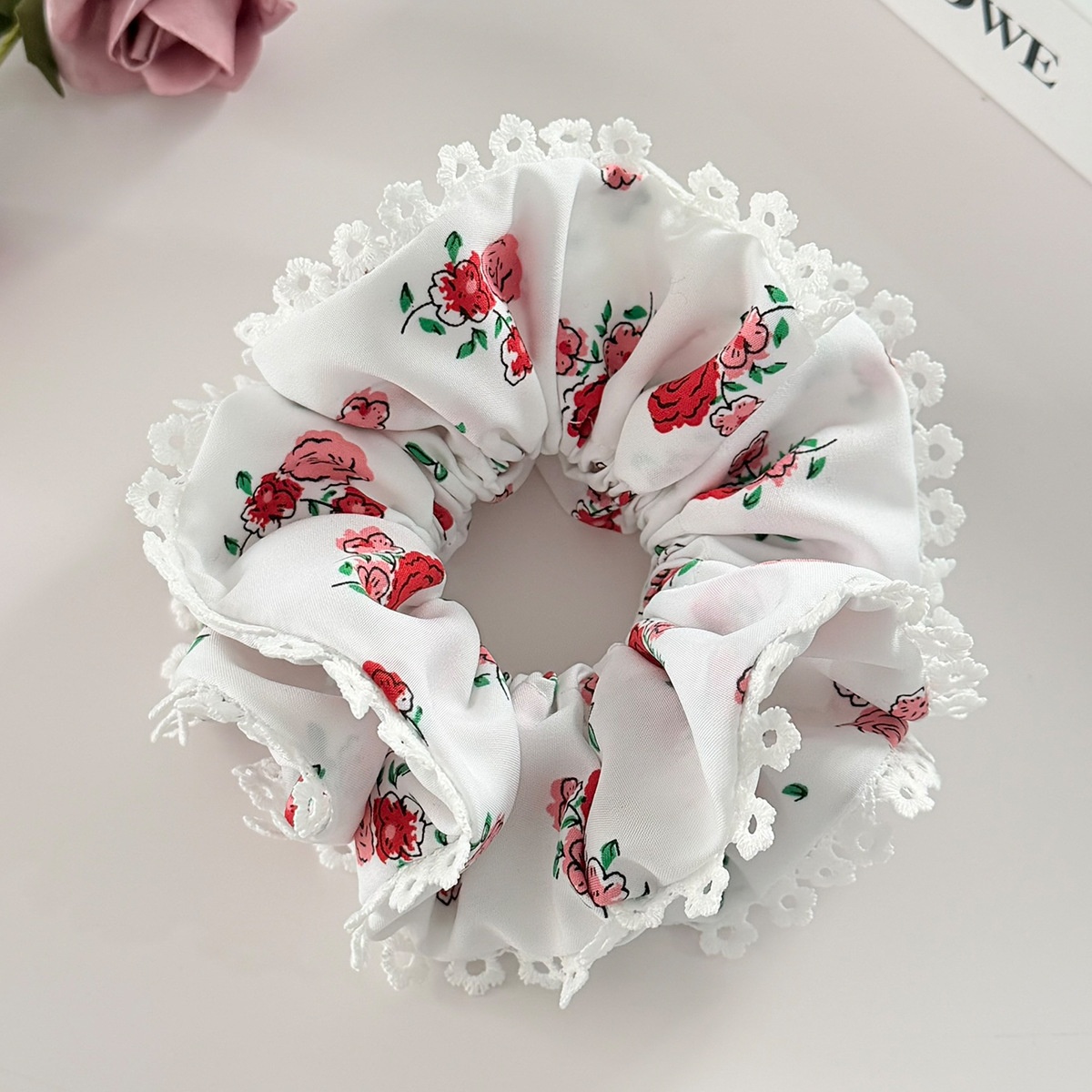 Women's Valentine Double Layer Lace Hair Scrunchie Rose Flower