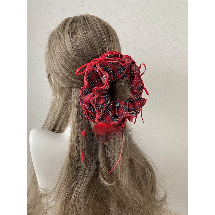 Women's Preppy Cloth Bowknot Scrunchie Hair Tie Vintage Red White Plaid