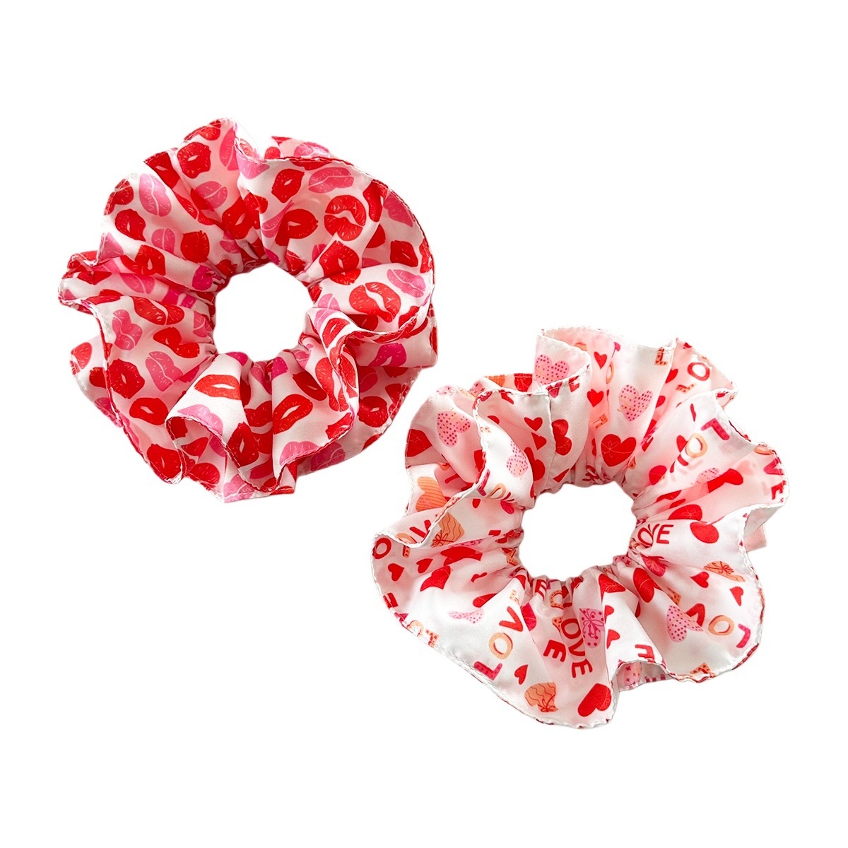 Women's Double Layer Cloth Hair Scrunchie Valentine Heart Lip Pattern