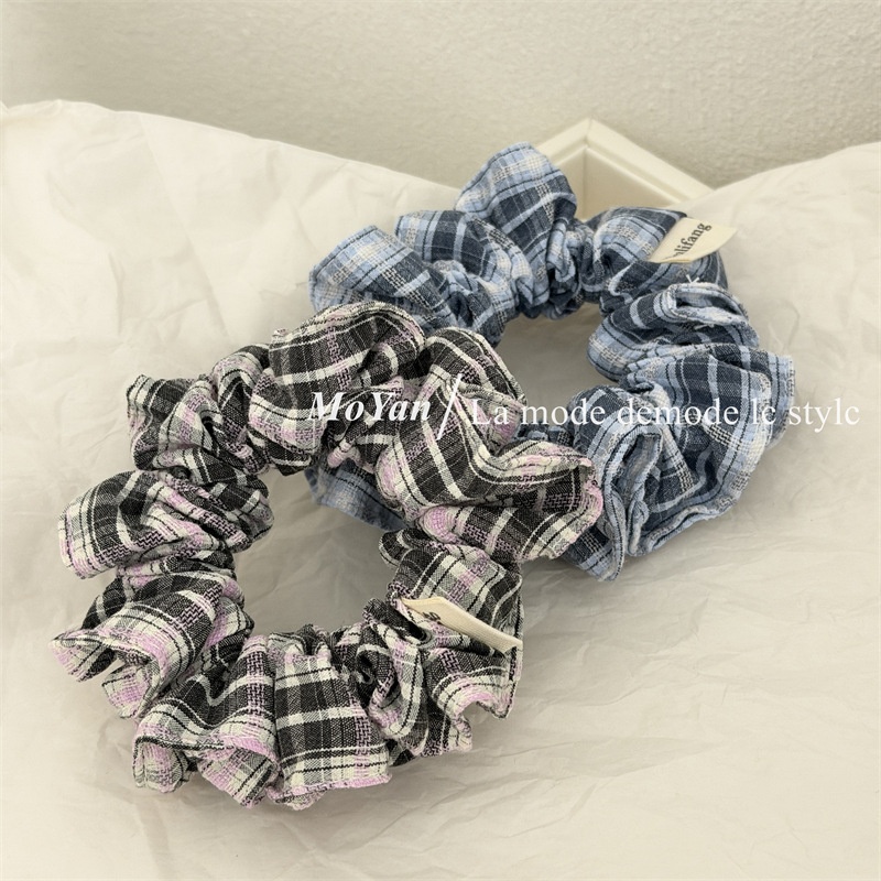 Women's Retro Cloth Hair Tie Blue Checkered Plaid Scrunchie for Spring