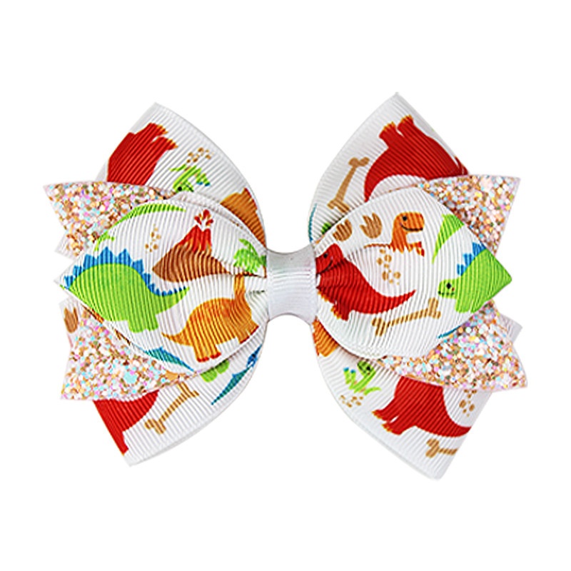 Kids Girls Cartoon Cloth Multi-layer Bow Hair Clip Glitter Digital Print