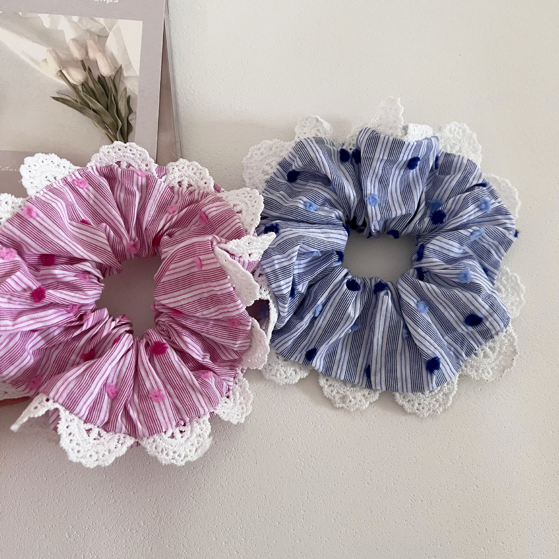 Women's Handmade Fabric Hair Bun Scrunchie Striped Polka Dot Lace Pink Blue