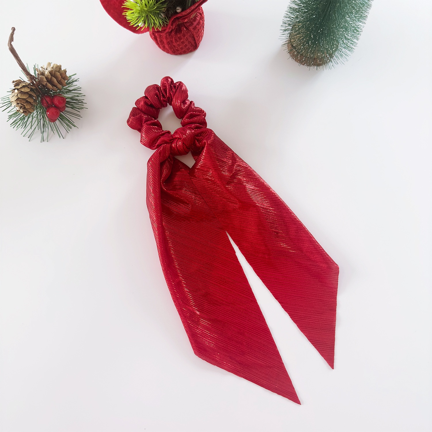 Female Christmas Long Sash Bowknot Hair Tie Shiny Thread Cloth