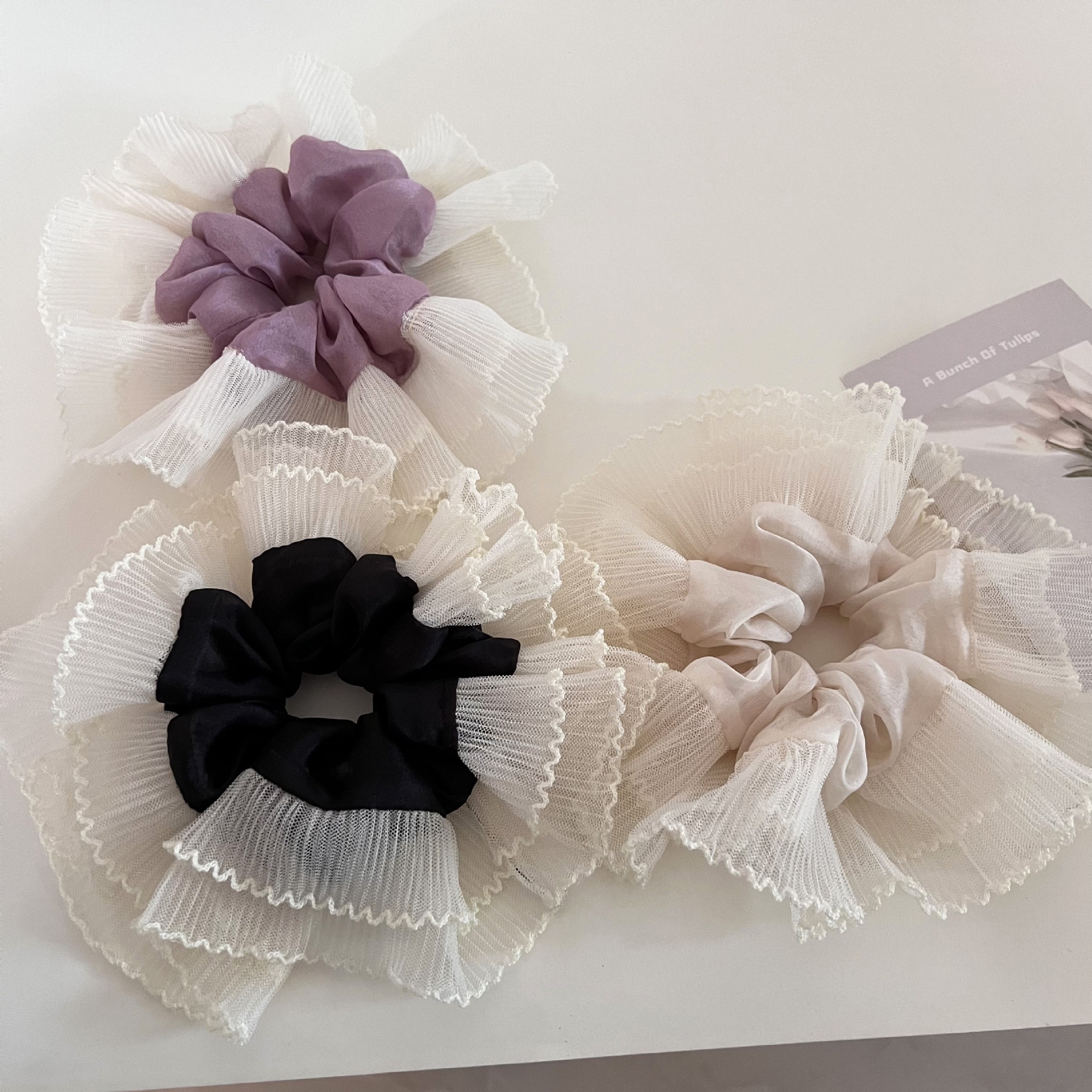 Women's French Soft Gauze Ruffled Hair Tie Ball Head Solid Color