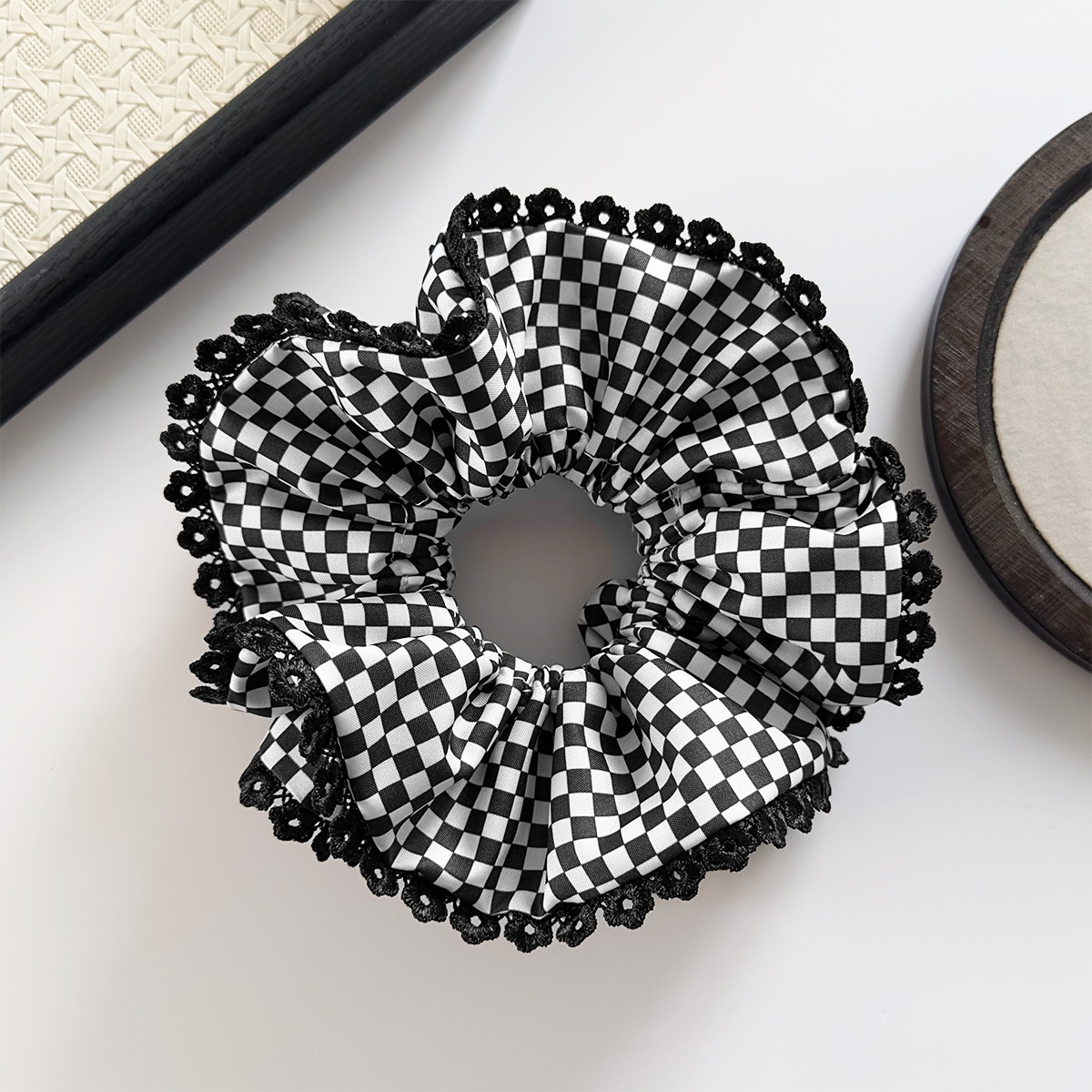Women's Daily Double-Layer Cloth Hair Tie Black White Checkered
