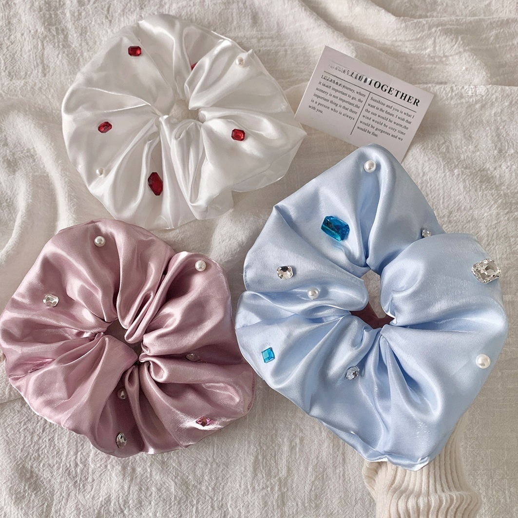 Women's Elegant Styling Satin Rhinestone Hair Tie Sparkly White