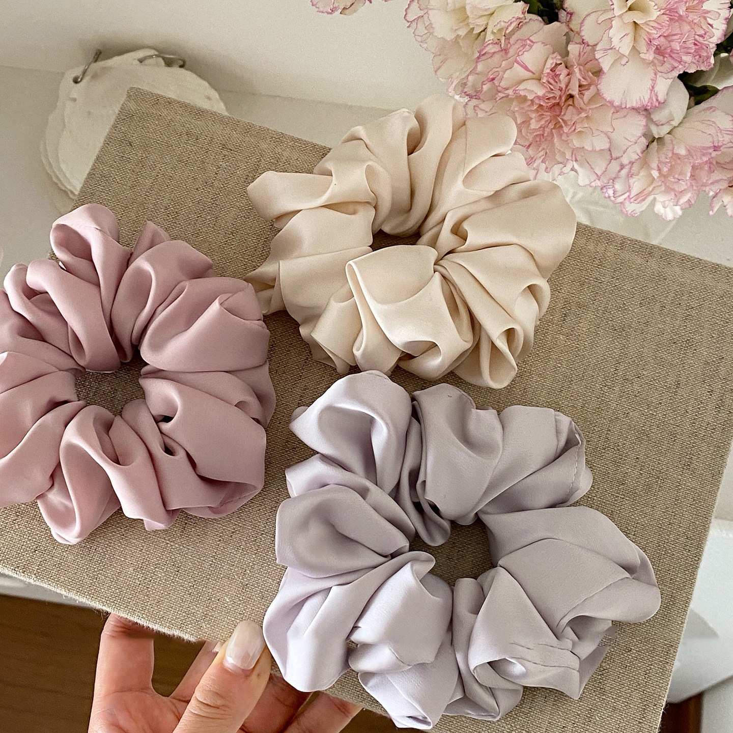 Women's Elegant Spring Satin Hair Tie Scrunchie Solid Color Pink