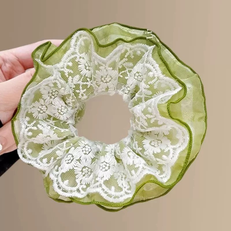 Women's Elegant Banquet Oversized Lace Elastic Hair Tie White Floral