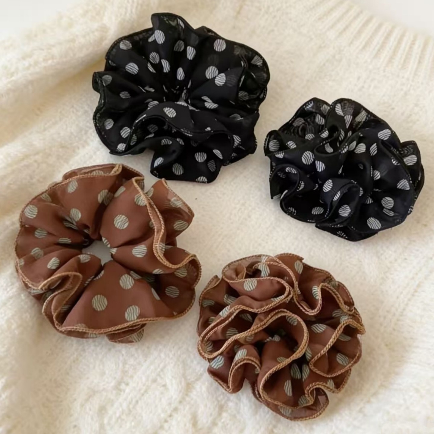 Women's Retro Chiffon Bubble Hair Tie Spring Summer Black Polka Dots