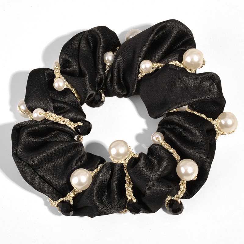 Women's Dual-Use Pearl Crystal Cloth Hair Tie Bracelet Solid Beige Black