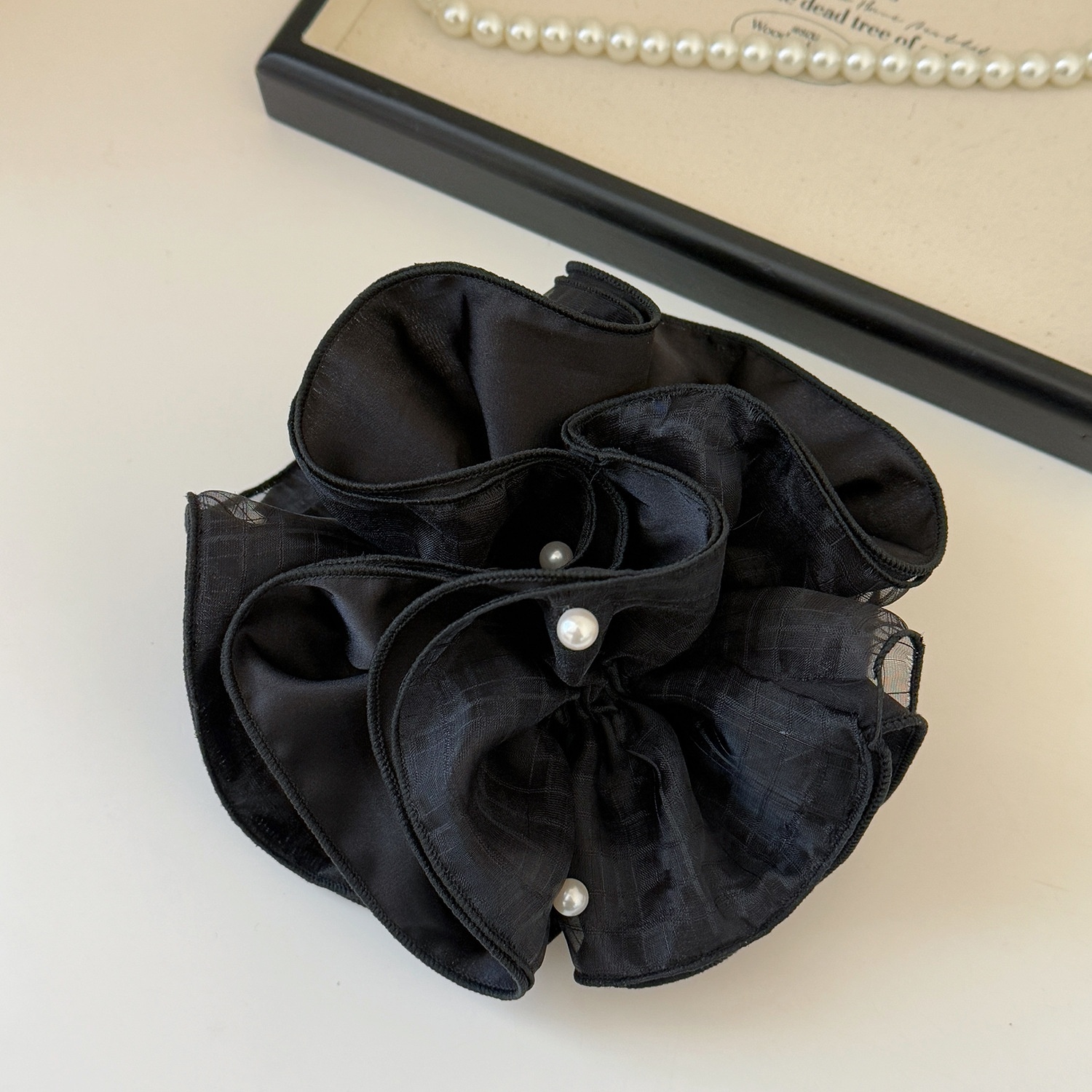 Women's Spring Soft Gauze Pearl Bubble Braid Hair Tie Solid Black