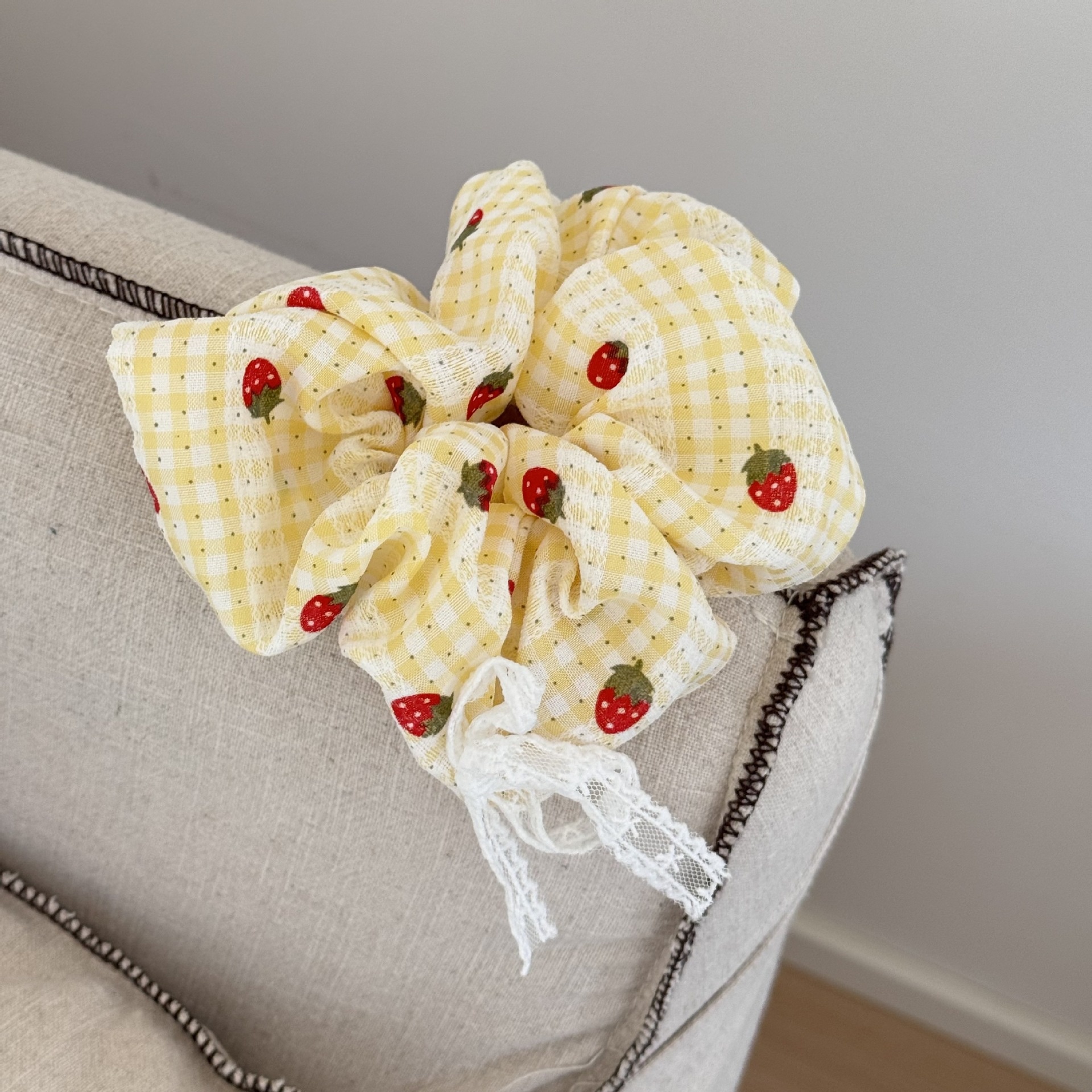 Women's Sweet Strawberry Plaid Lace Bow Scarf Hair Tie Cloth Ponytail Band