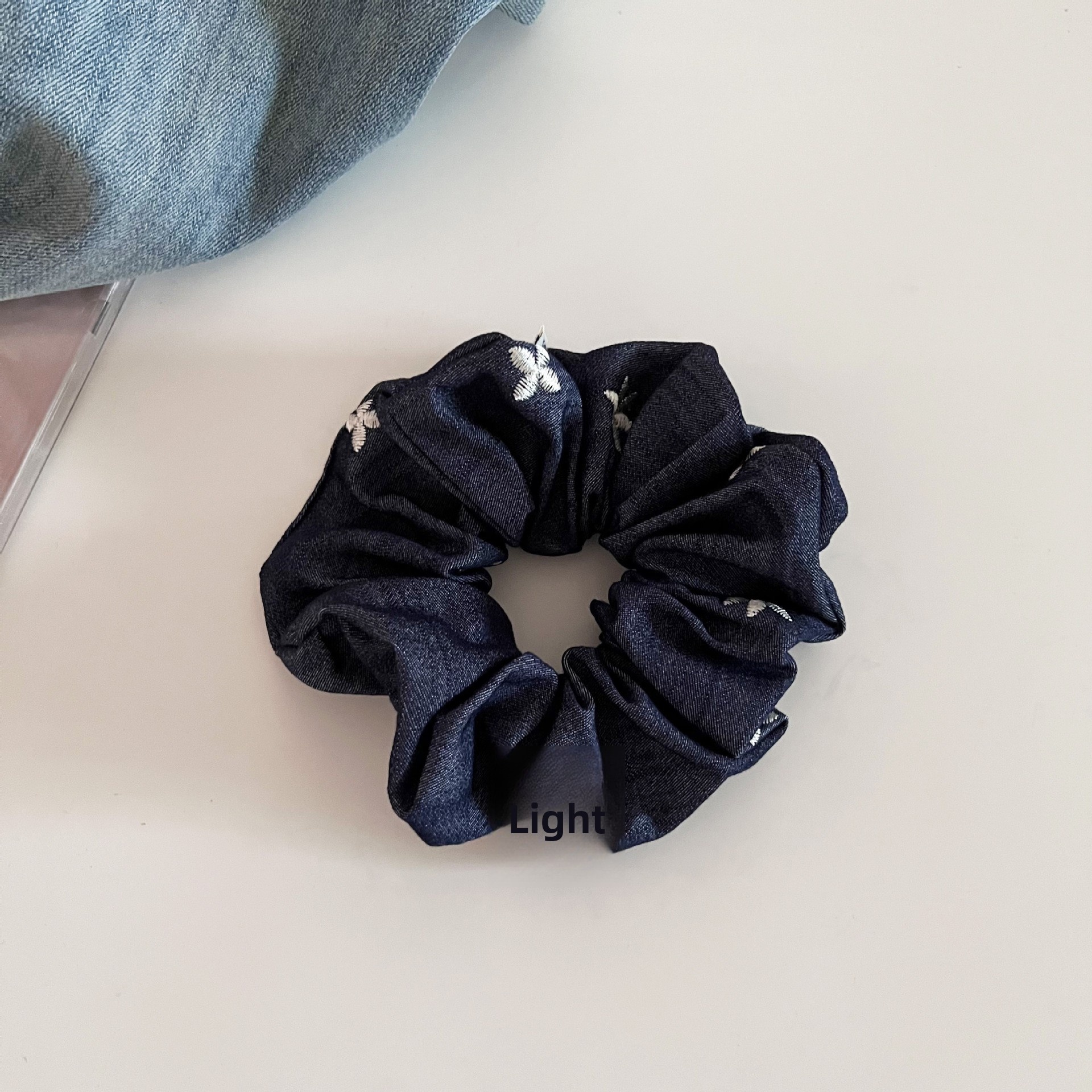 Women's Low Ponytail Bow Scarf Hairband Dark Blue Denim Vintage Floral