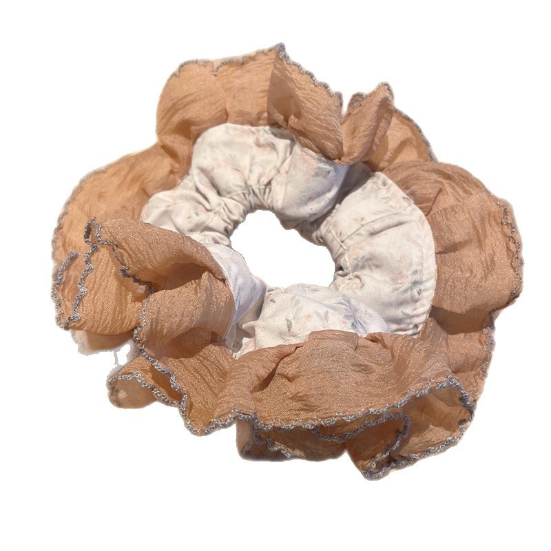 Women's Spring Tulle Scrunchie Ponytail Holder Beige Polka Dots