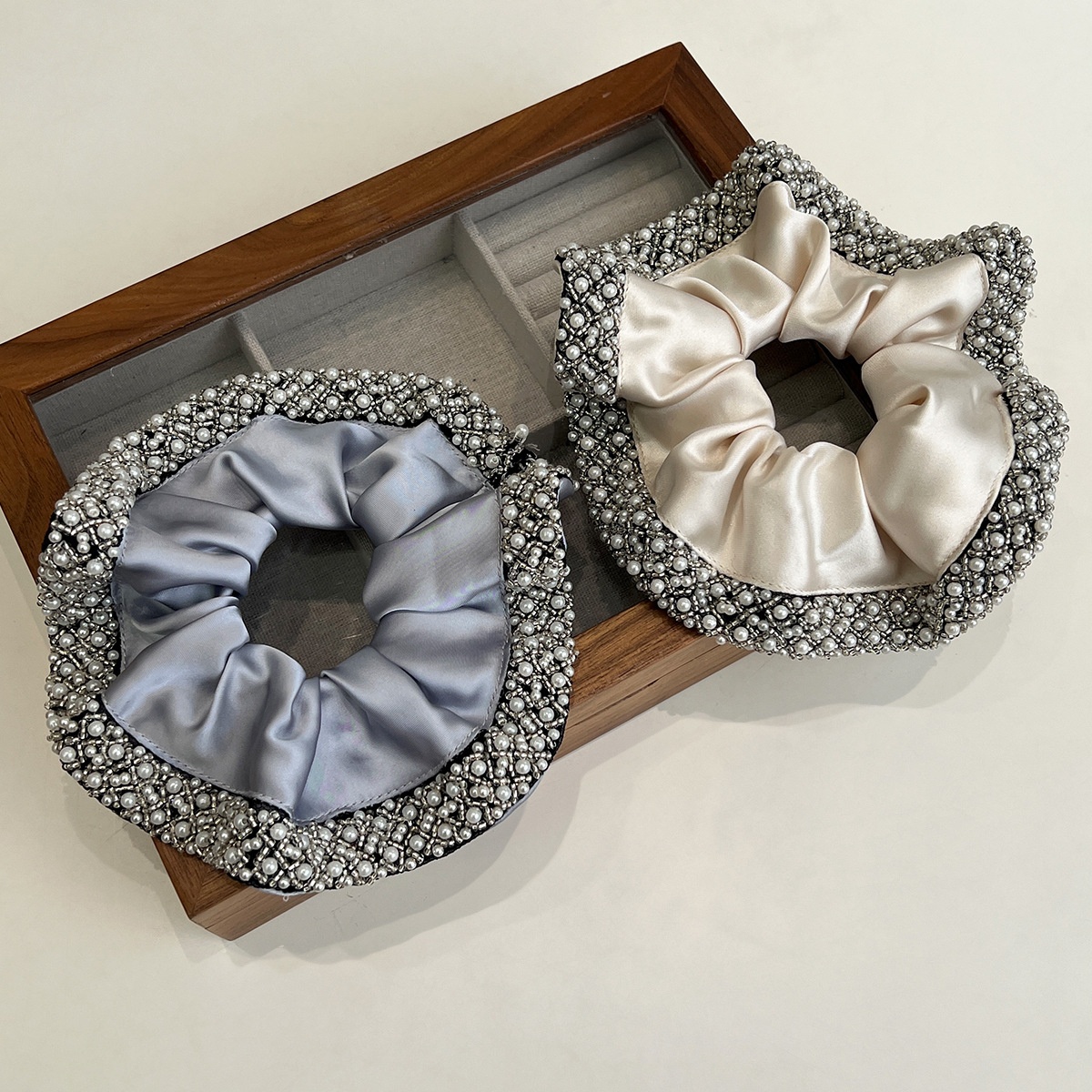 Women's Elegant Pearl Crystal Satin Hair Ties French Vintage Black Brown Scrunchie