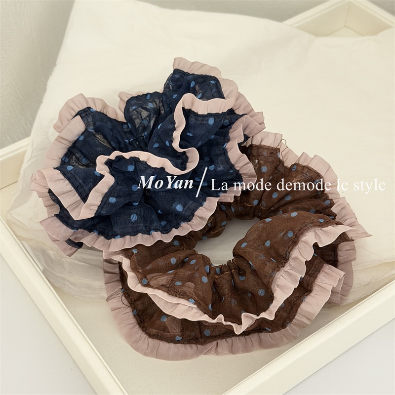 Women's Daily Soft Gauze Hair Scrunchie Navy Blue Polka Dots