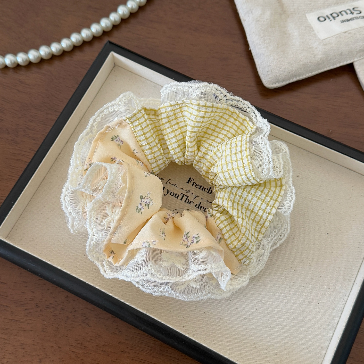 Women Spring Preppy Lace Fabric Hair Tie Scrunchie Blue Yellow Plaid