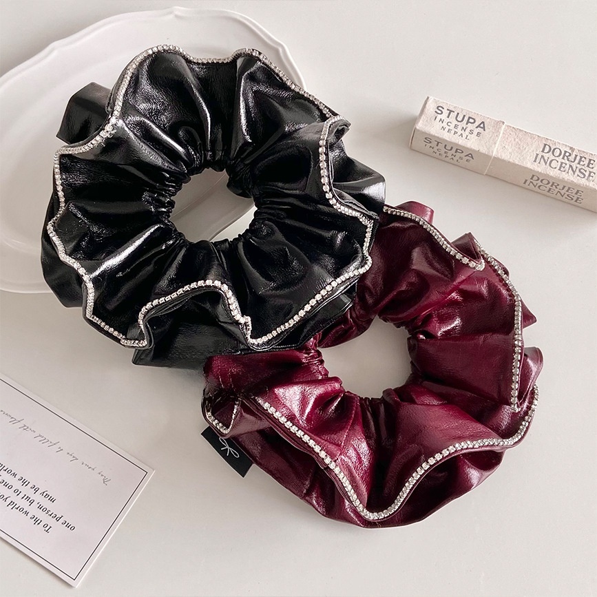 Women's Cool Rhinestone PU Leather Spring Hair Tie Solid Wine Red