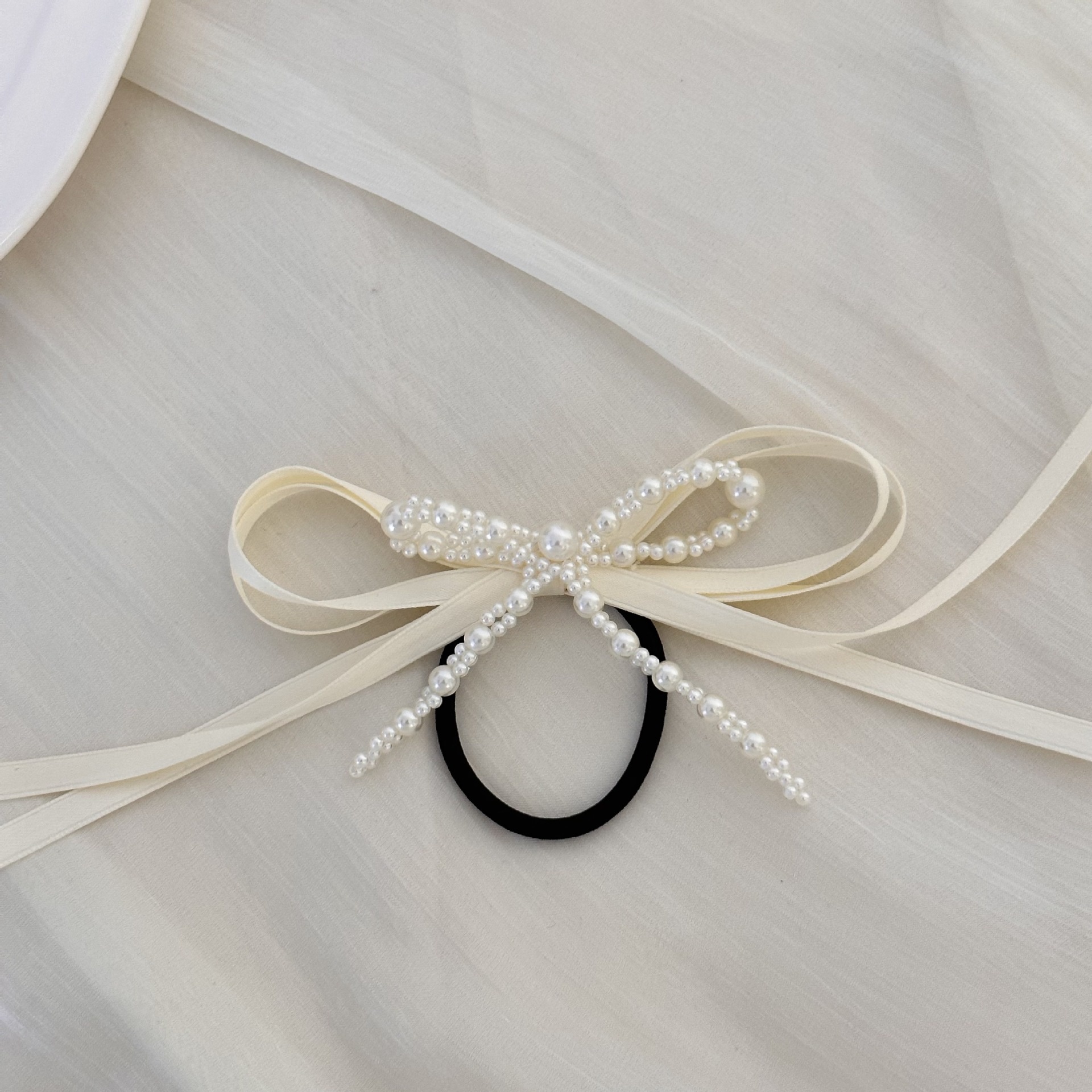 Women's Elegant Bow Knot Hair Tie with Imitation Pearls, Beige & Black