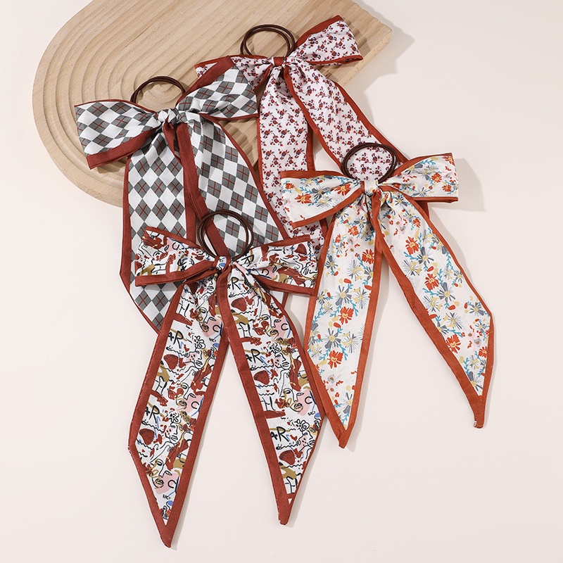 Women's Satin Bow Hair Tie Scarf Headband Black Striped Floral Plaid