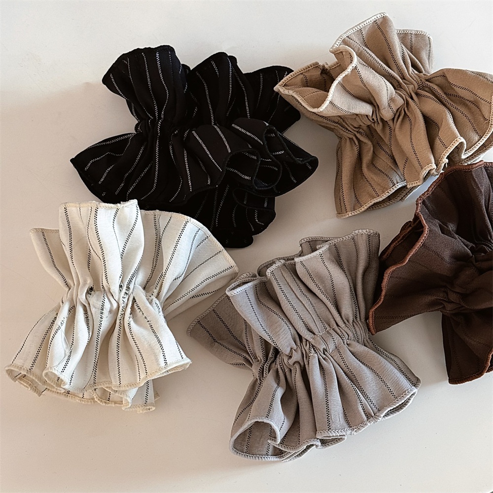 Women Elegant Low Bun Hair Scrunchie Elastic Striped Cloth Coffee Beige