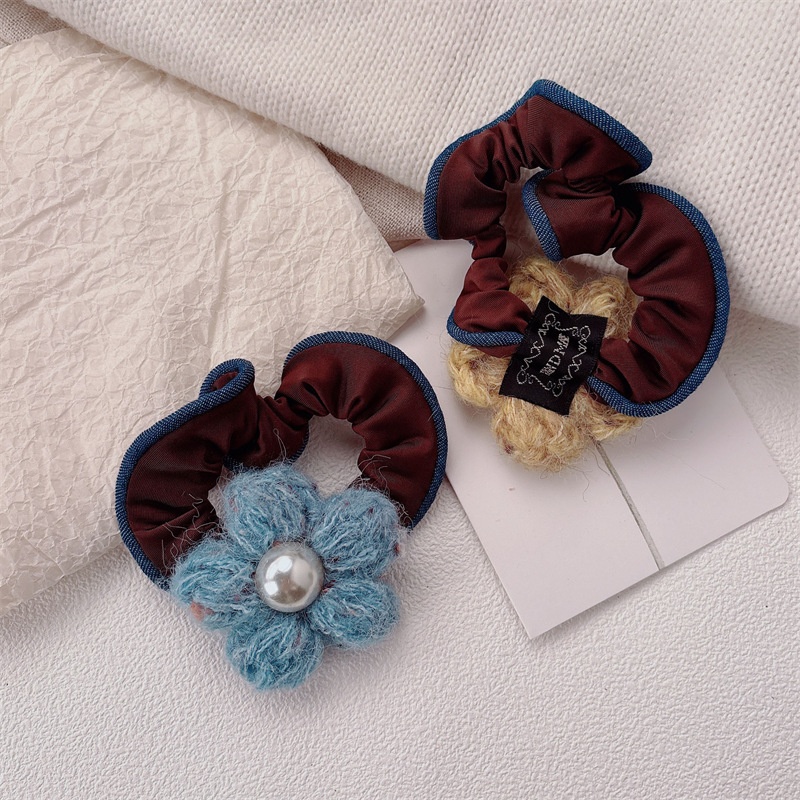 Women's Pearl Knitted Flower Elastic Hair Tie Floral Blue Yellow Hair Band