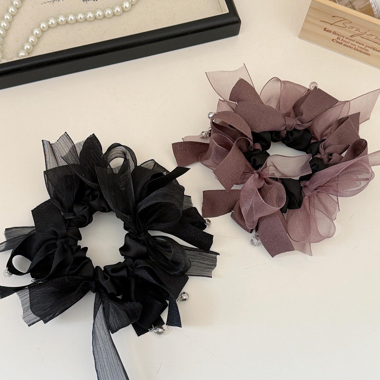 Women's Soft Gauze Spring Summer Hair Tie Black Pink Bowknot