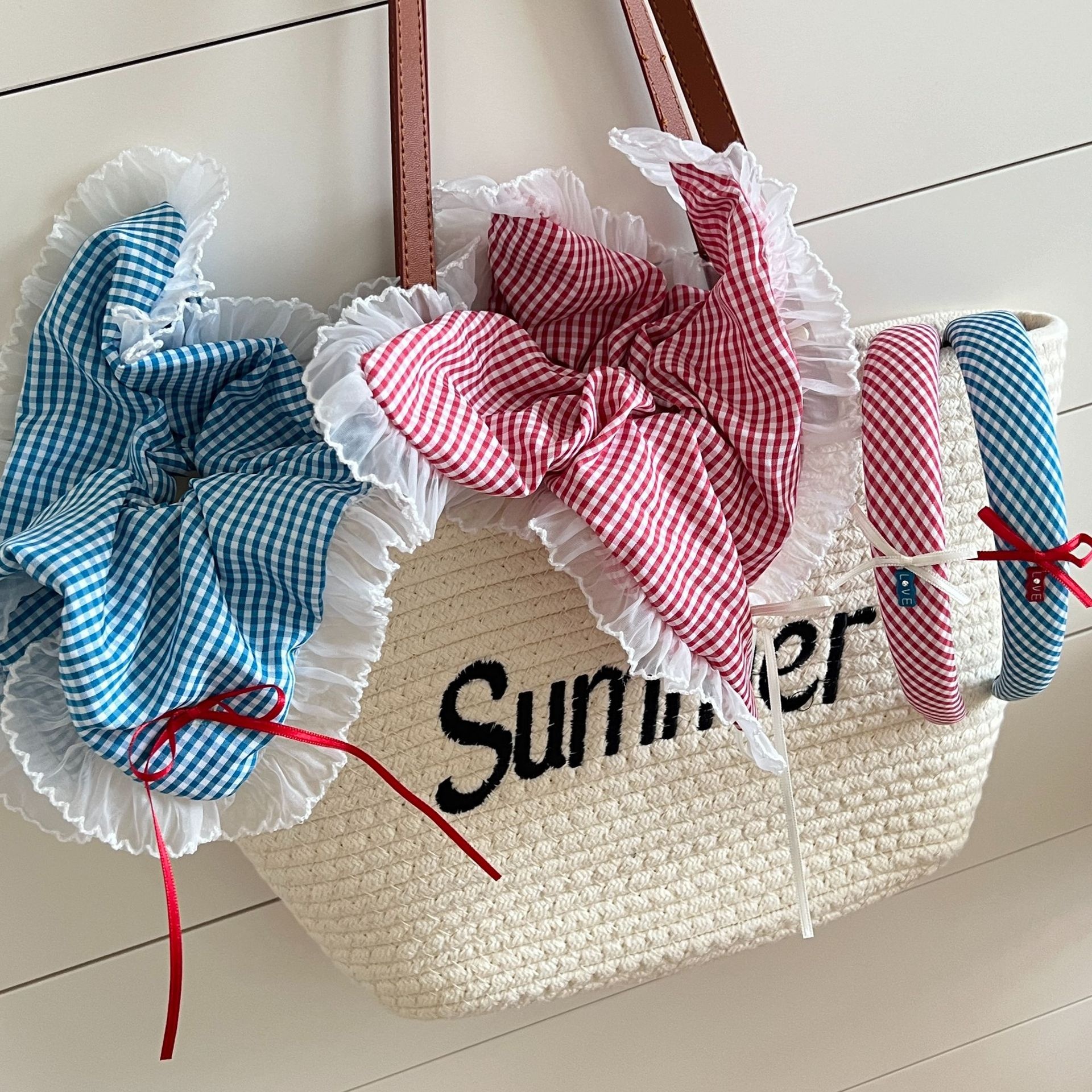 Women's Fabric Bowknot Hair Ties Summer Date Ruffle Bands Multicolor Plaid