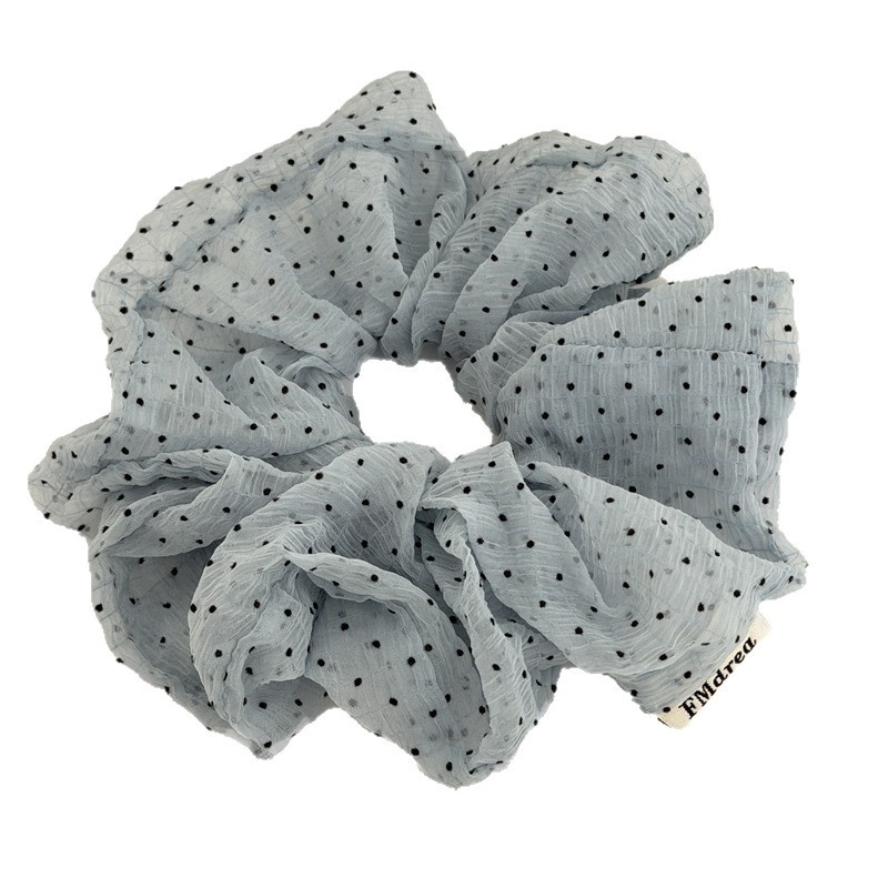 Women's Soft Tulle Ponytail Holder Hair Tie White and Blue Polka Dots