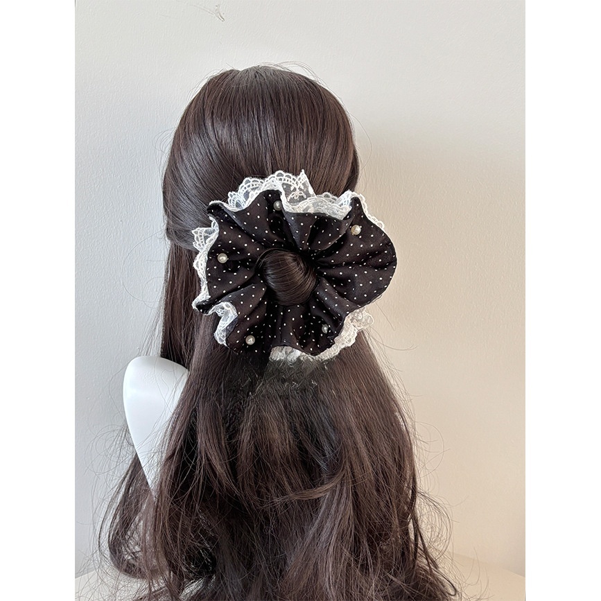 Women's Fairy Style Lace Hair Tie with Pearl Inlay Beige Polka Dots