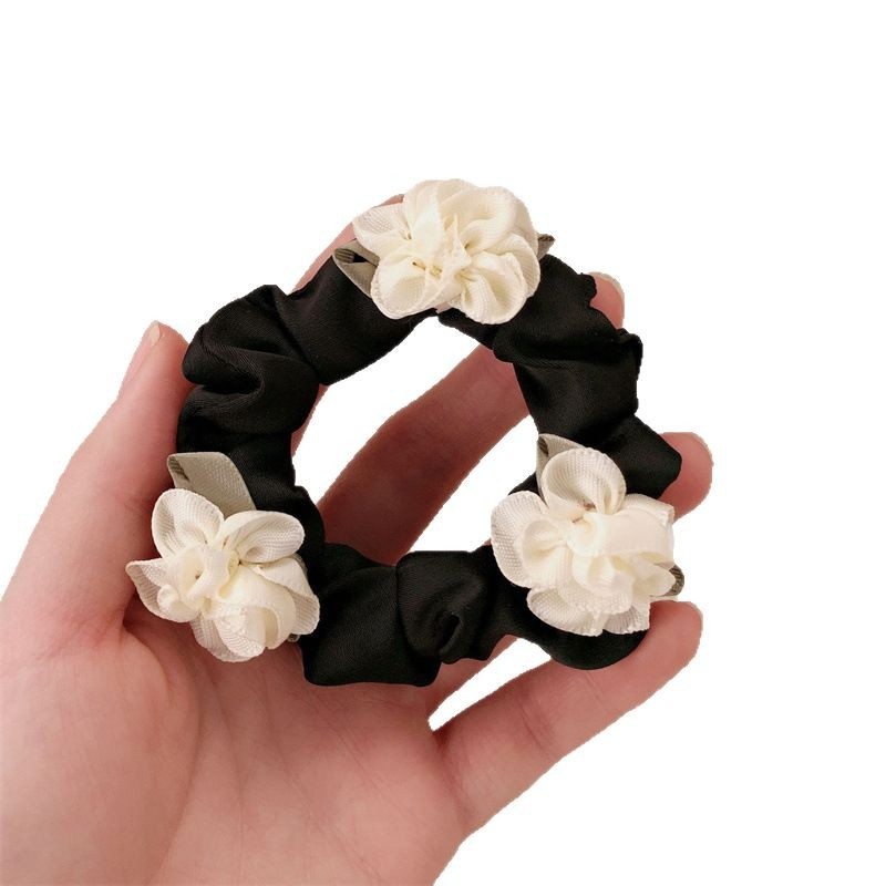 Women's Spring Fairy Satin Elastic Hair Tie Beige Black Jasmine Flower