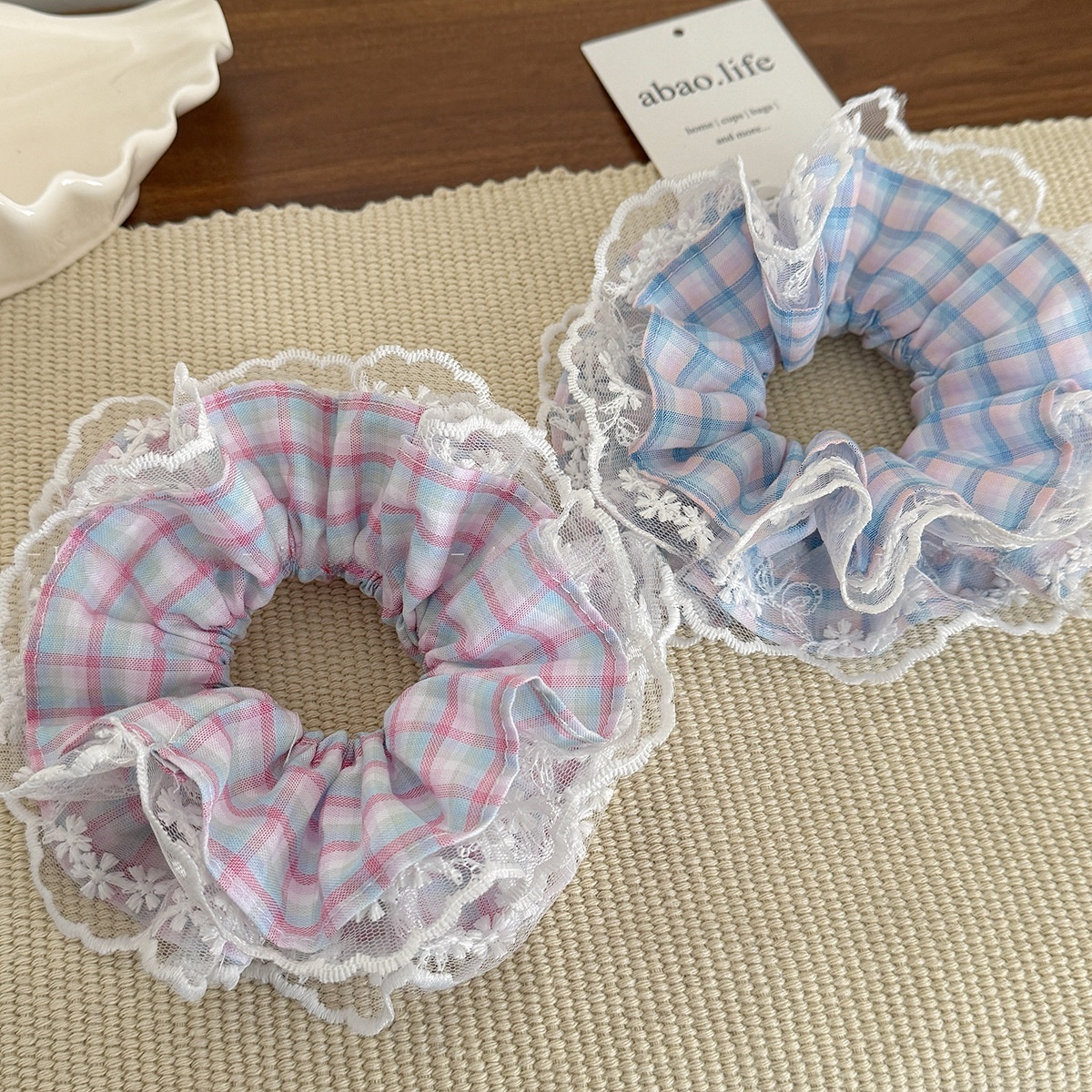 Women's Daily Cloth Hair Scrunchies Pink Blue Checkered Plaid Lace