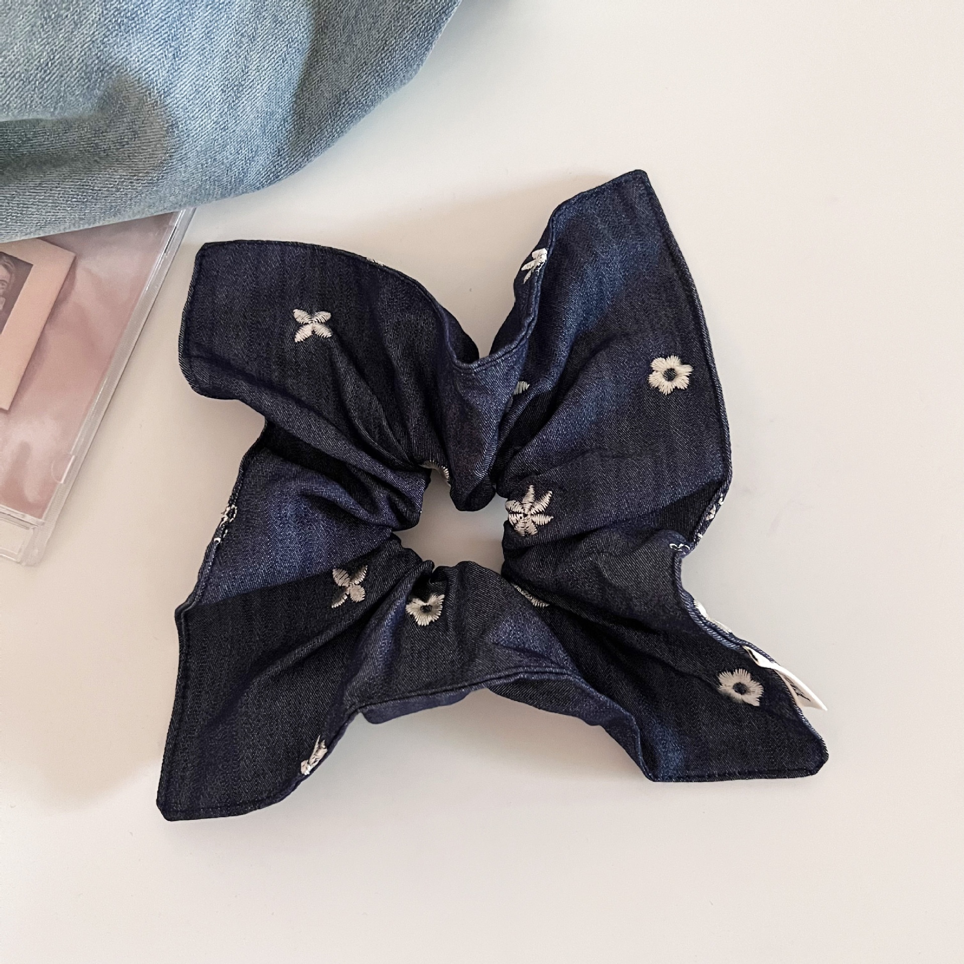 Women's Low Ponytail Bow Scarf Hairband Dark Blue Denim Vintage Floral