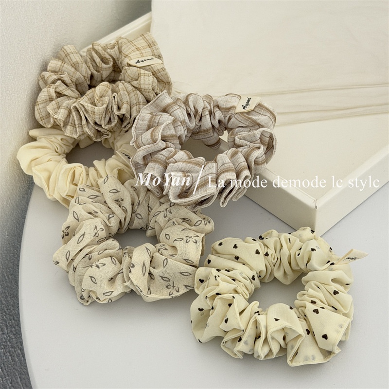 Women's Spring Cloth Heart Shape Hair Tie Beige Plaid Leaf Pattern