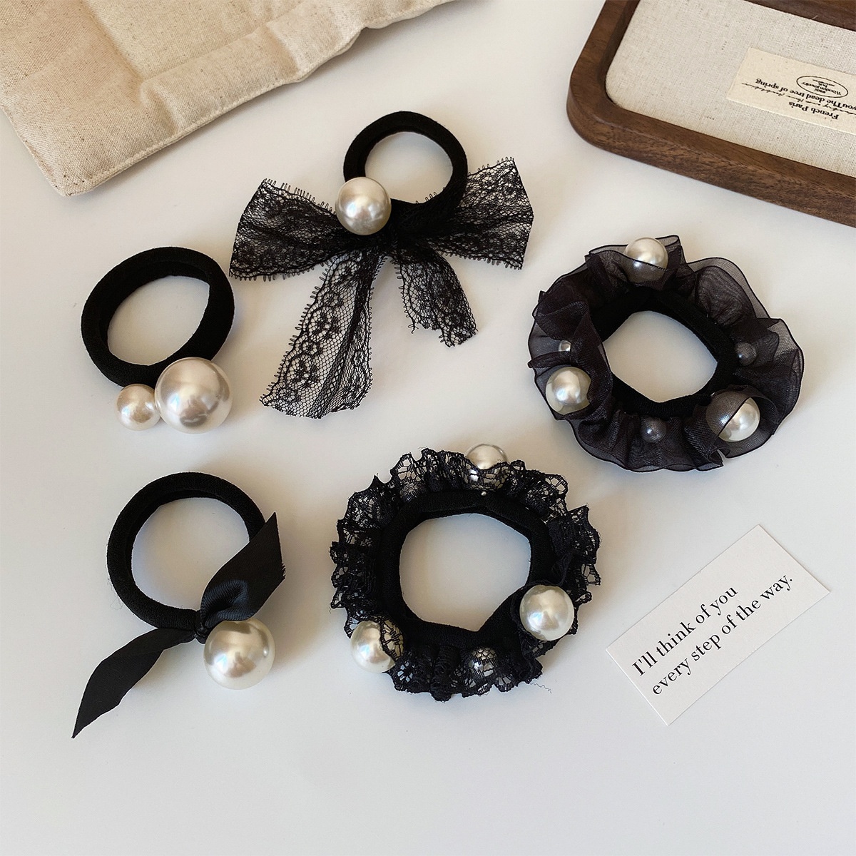 Women's Everyday Gauze Pearl Hair Ties 5-Piece Set Black Bow Knot