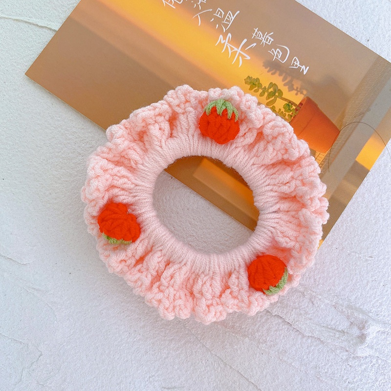 Women Girls Winter Wool Knitted Bow Hair Tie Creamy Strawberry