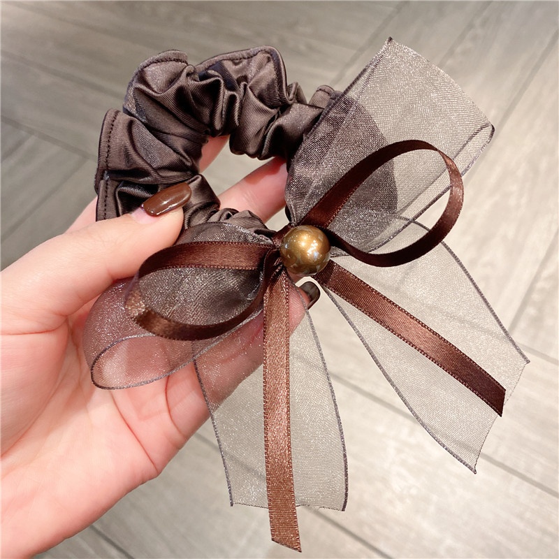 Women's Pearl Gauze Bow Hair Tie Elegant Low Ponytail Elastic Band Black Brown