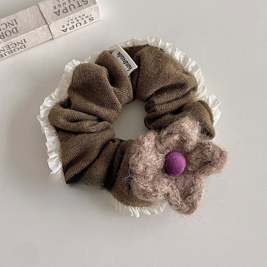 Women Winter Knitted Ruffled Ponytail Hairband Pink Dark Coffee Flower