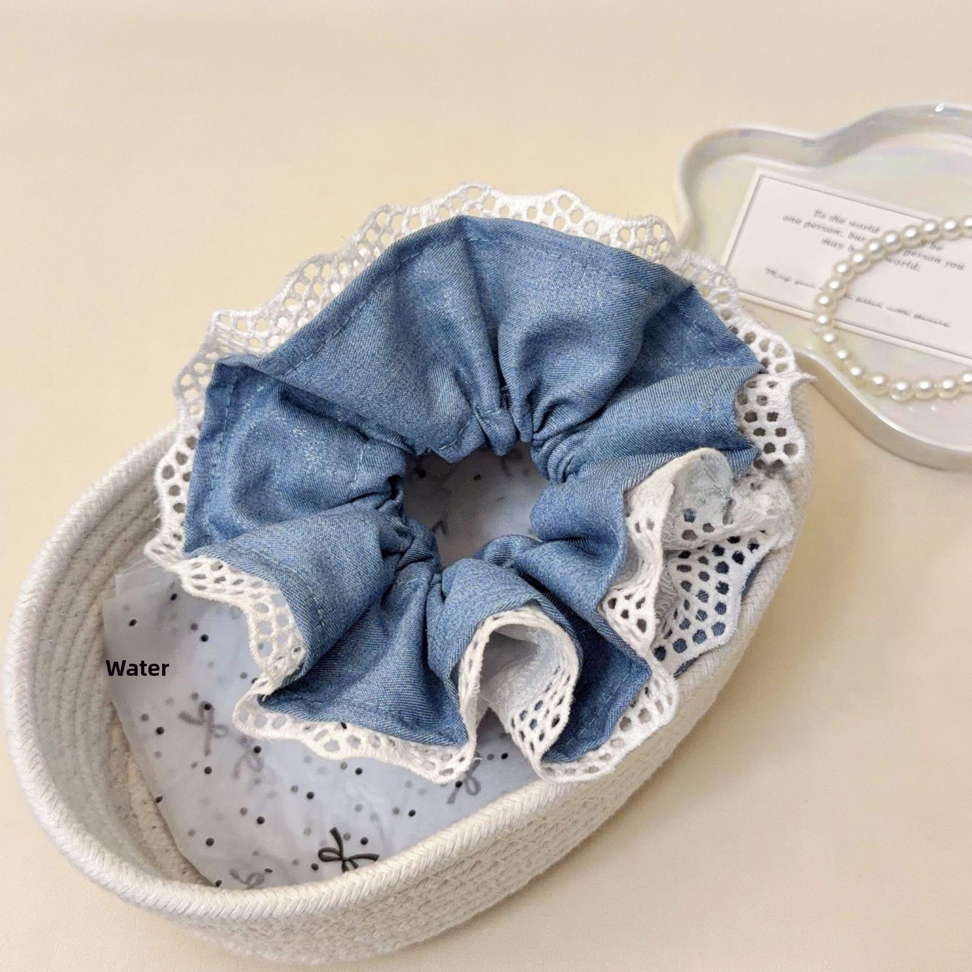 Women's Spring Lace Cloth Hair Tie Scrunchie Grey And Black Splicing