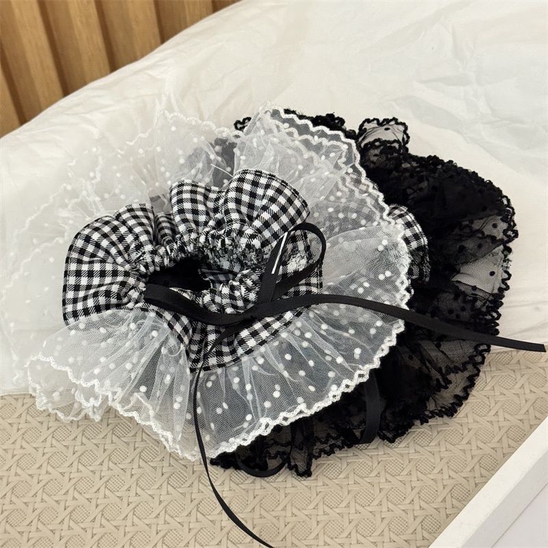Women's Stylish Cloth Bowknot Hair Scrunchies Black White Checkered Lace
