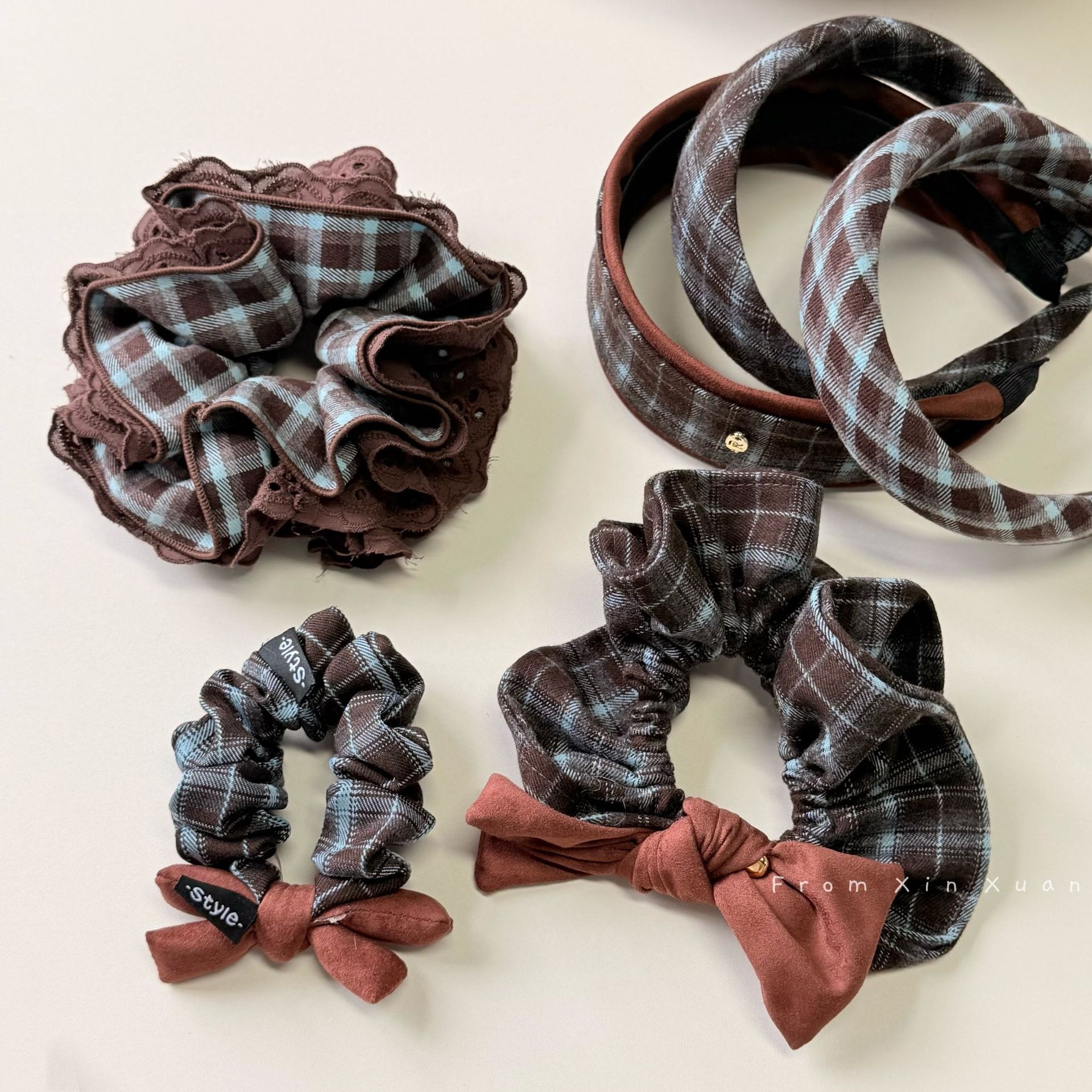 Women's Vintage Blue Plaid Hair Bands High Elasticity Fairy Style Cloth Ties