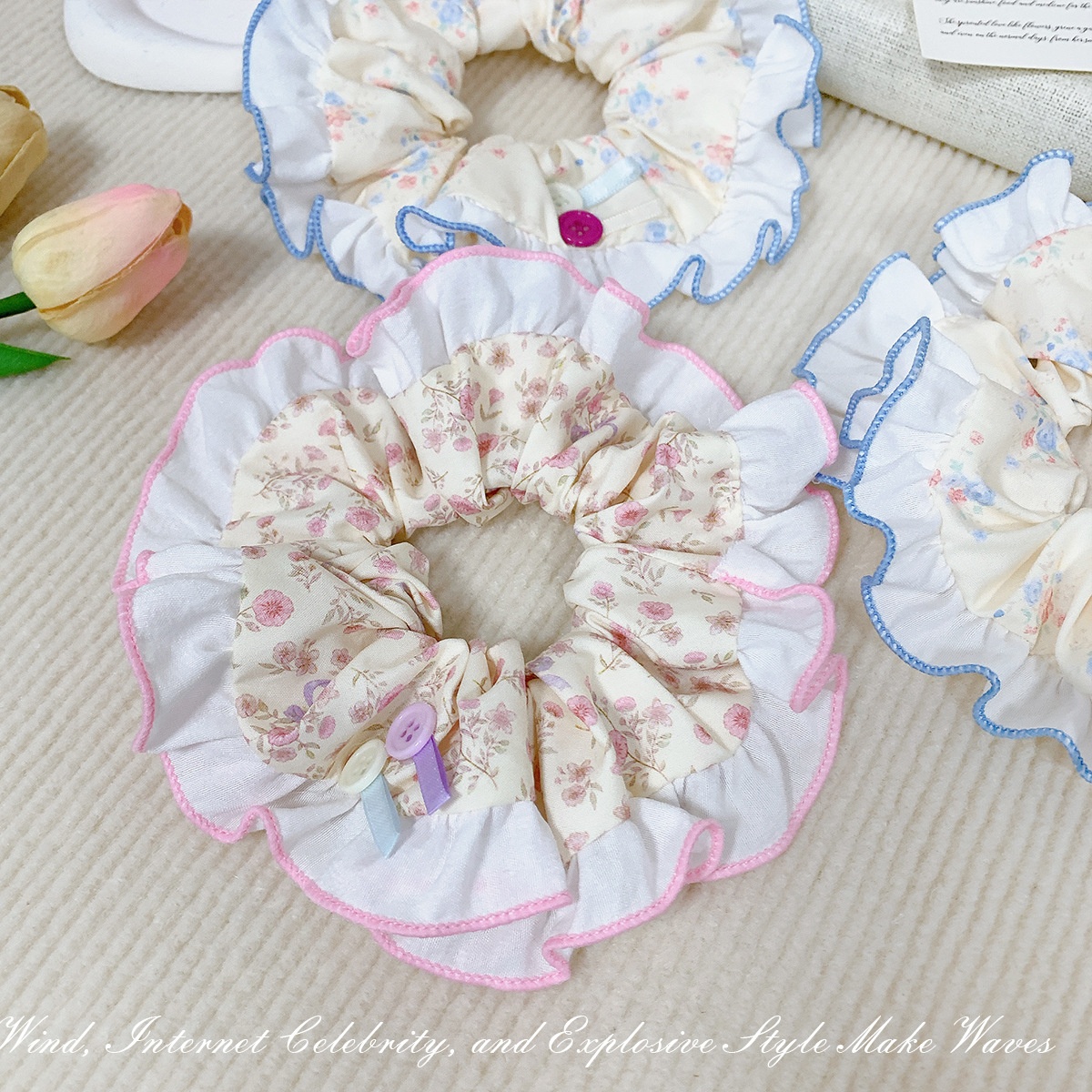 Women's Sweet Cloth Pleated Scrunchie Hair Tie Summer Floral Bow Pearl