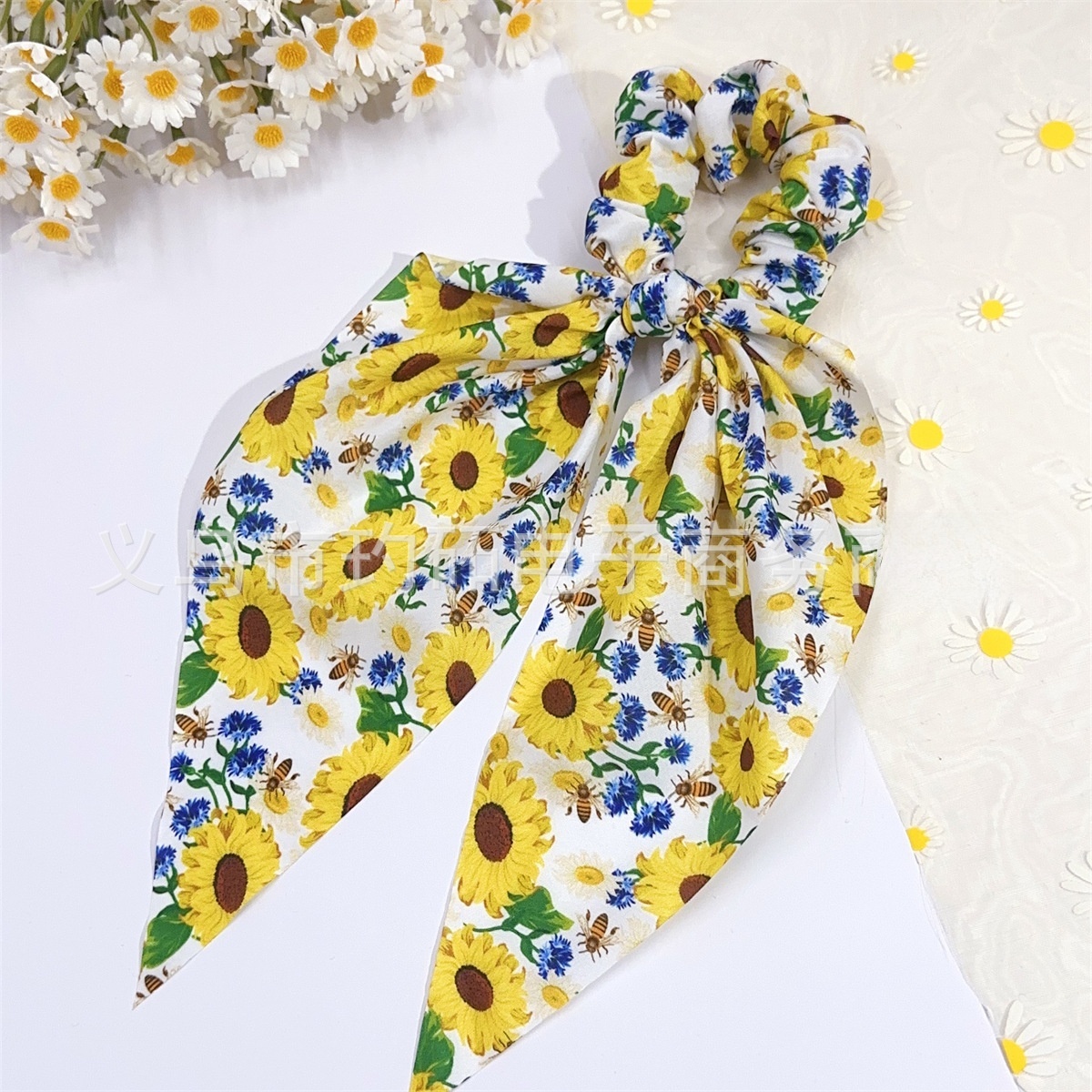 Women's Beach Cloth Hair Tie White Sunflower Bee Print