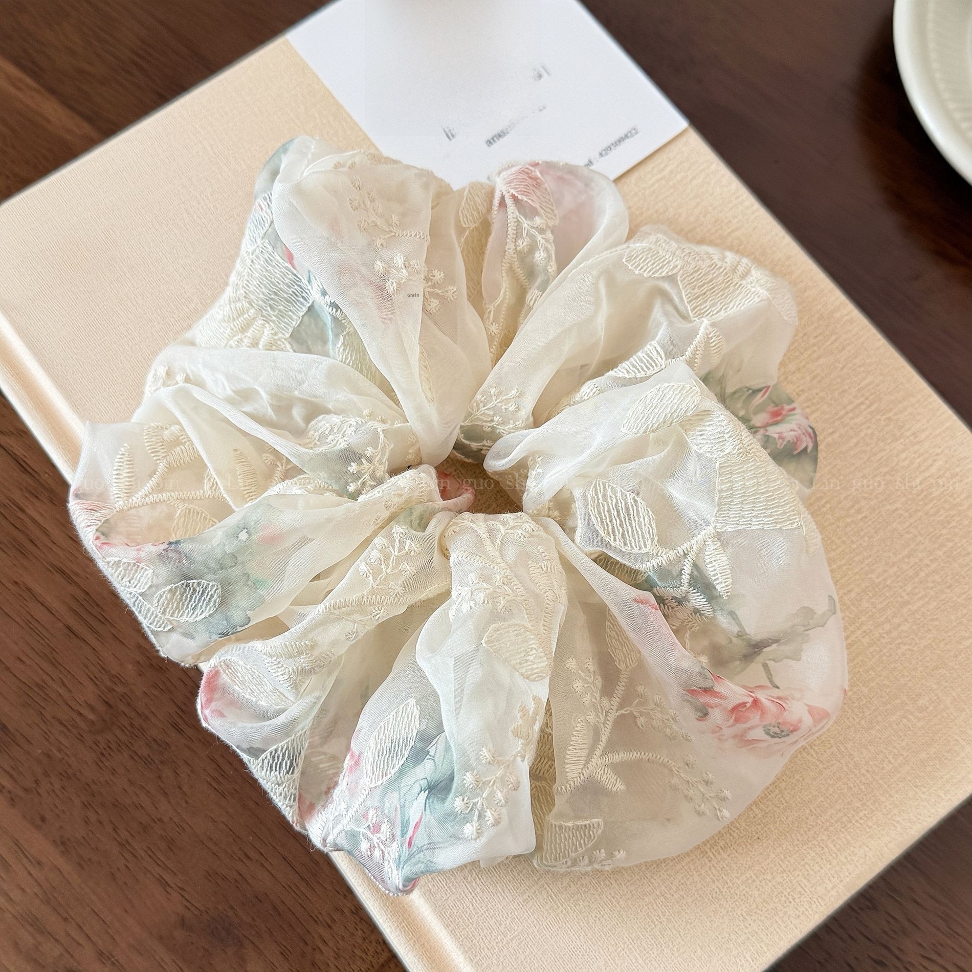 Women's Soft Gauze Fairy Hair Tie Ditsy Floral Embroidery