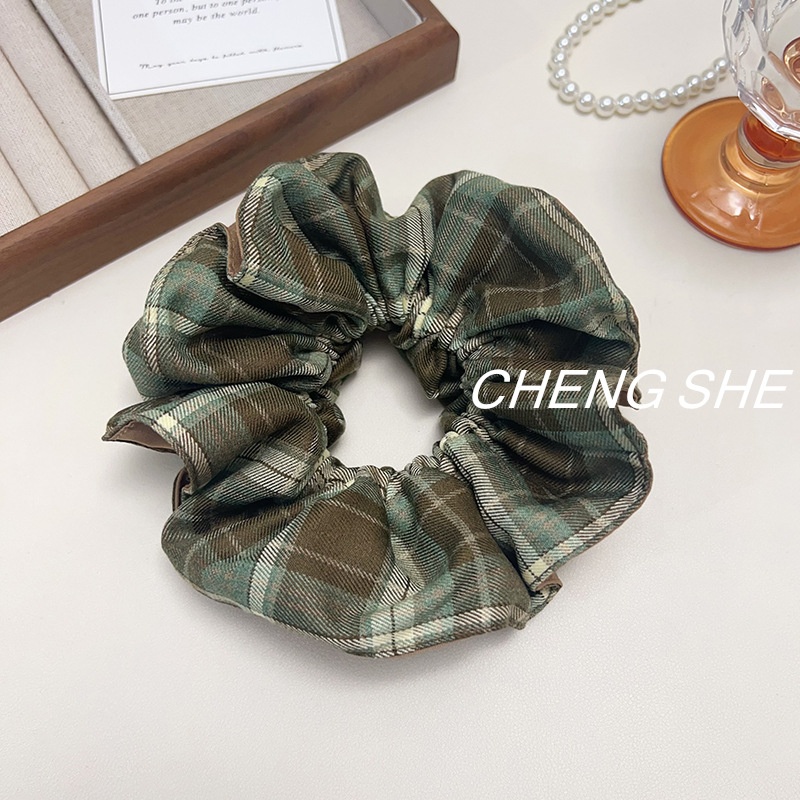 Women's Large Cloth Elastic Bun Hair Scrunchie Double Layer Plaid