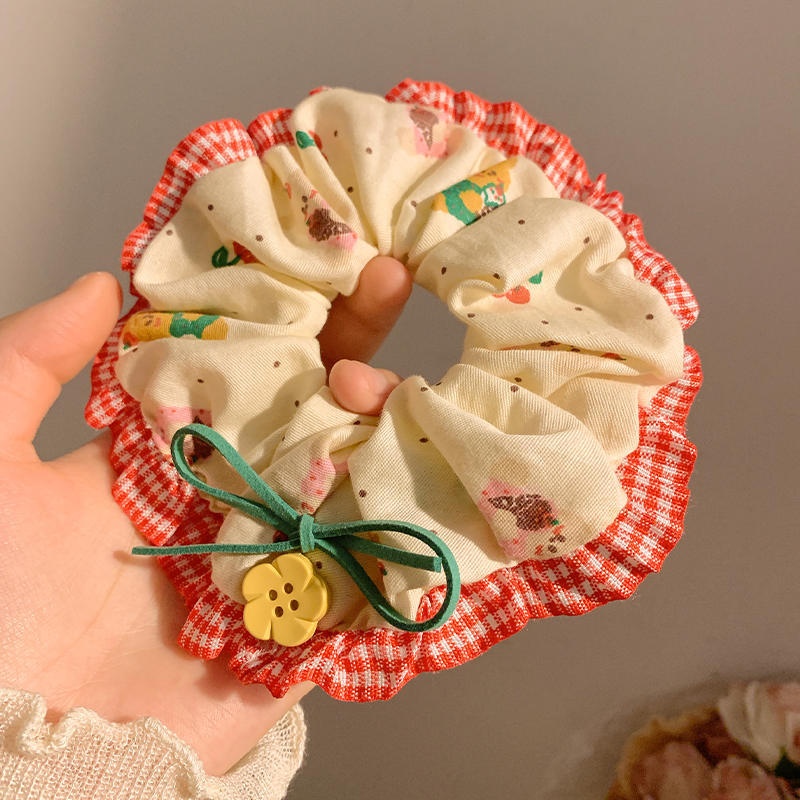 Women's Large Mori Style Scrunchie Beige Polka Dot Cloth Hair Tie