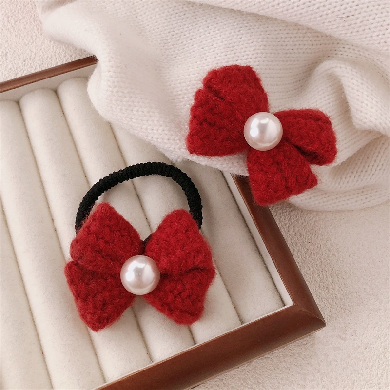 Women's Festive Red Wool Bow Hairband & Pearl Elastic Hair Tie for Winter