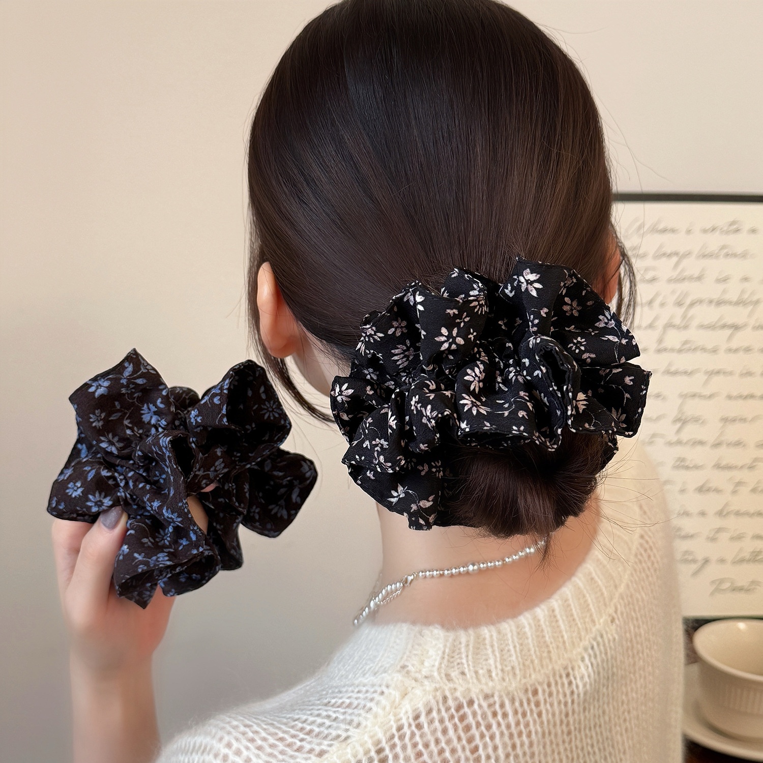 Women's Elegant Fabric Bun Hair Scrunchies Double Layer Black Floral