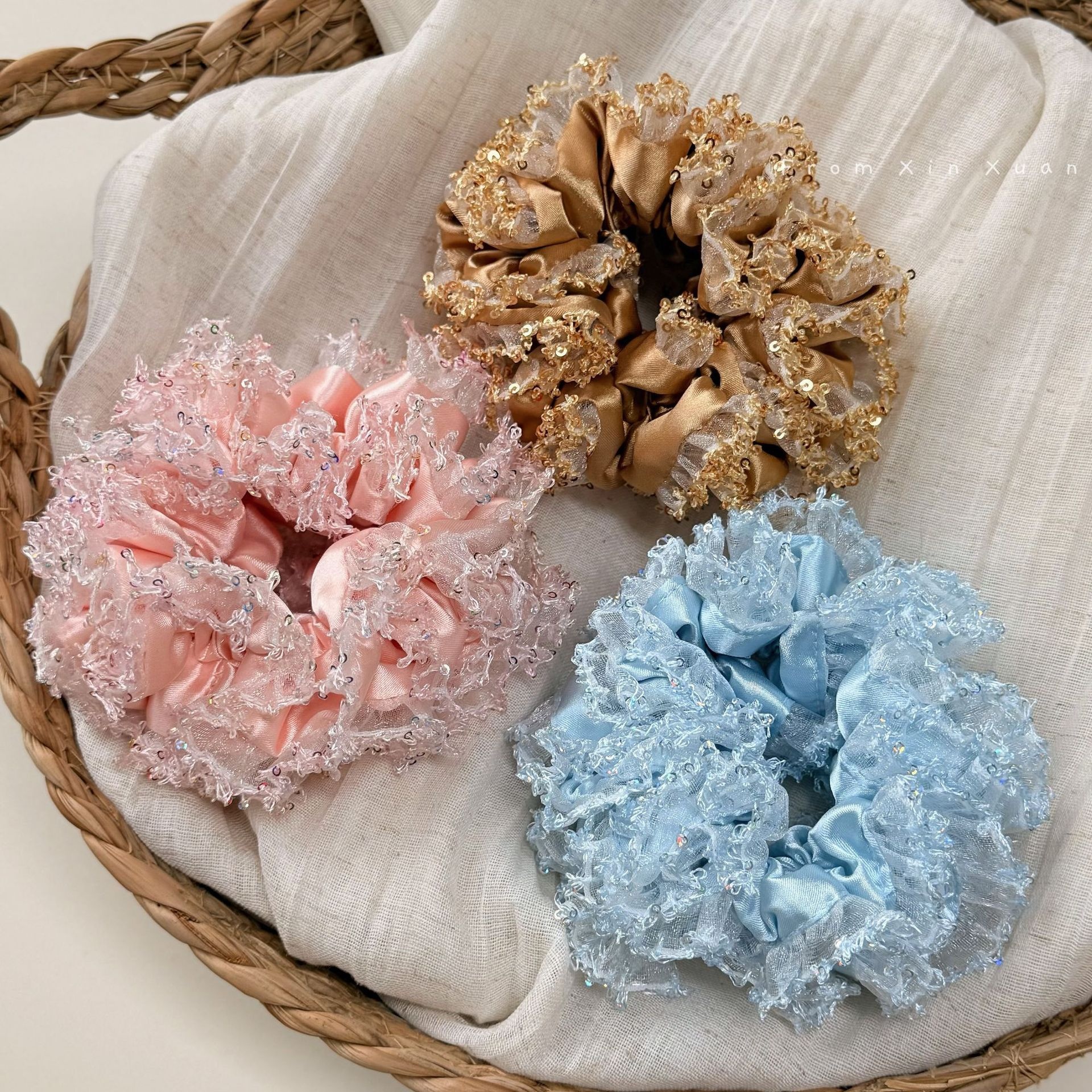 Women Party Fluffy Sequin Satin Bow Hairband Pink Blue Gold Flower