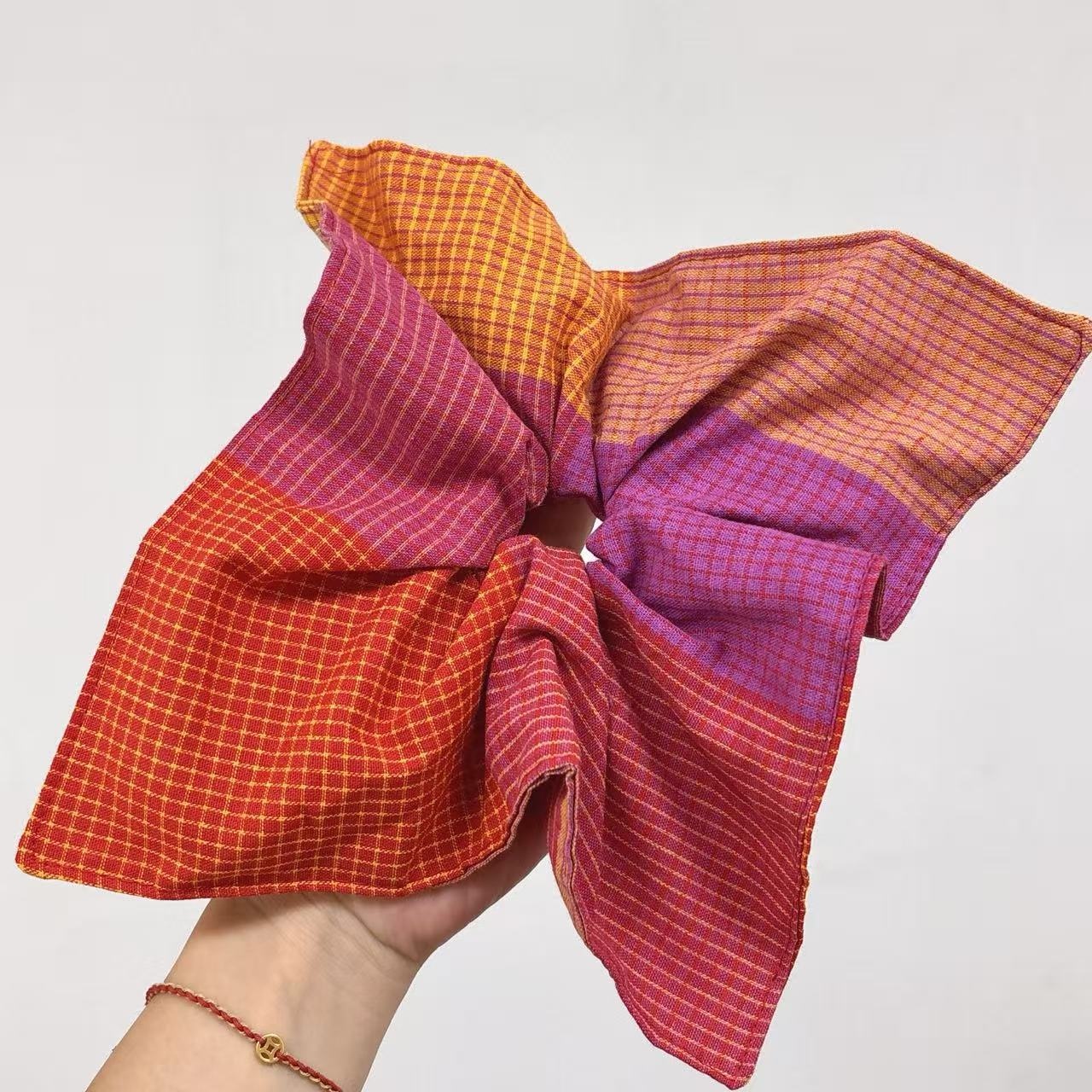 Women's Fabric Scarf Ponytail Hair Tie Artistic Red Purple Plaid